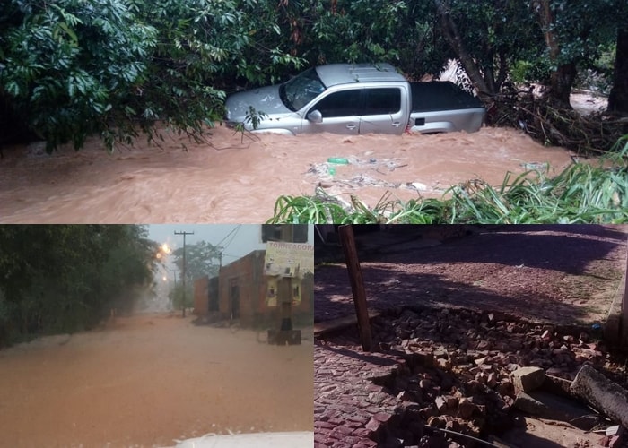 Forte chuva causa estragos e força da água arrasta carro em Bom Jesus-PI