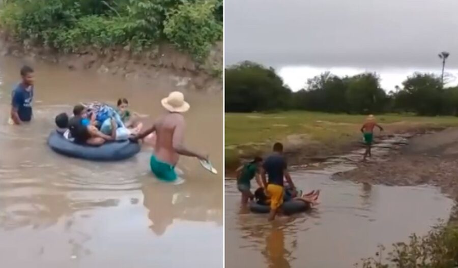 No Piauí após um ano, crianças continuam fazendo travessia de rio usando boia para chegar à escola