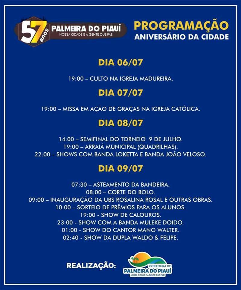 CONFIRA PROGRAMAÇÃO OFICIAL DO ANIVERSÁRIO DE PALMEIRA DO PIAUÍ