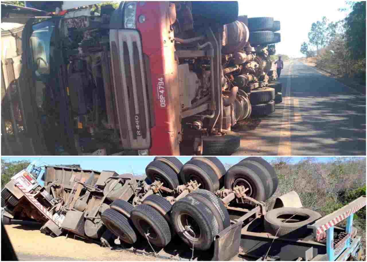 Duas carretas tombam em rodovias no Sul do Piauí e uma pista da BR-135 fica interditada