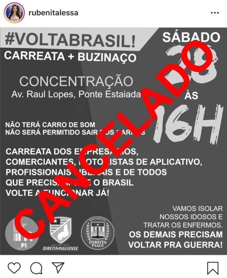 Organizadores cancelam carreata pela reabertura do comércio em Teresina