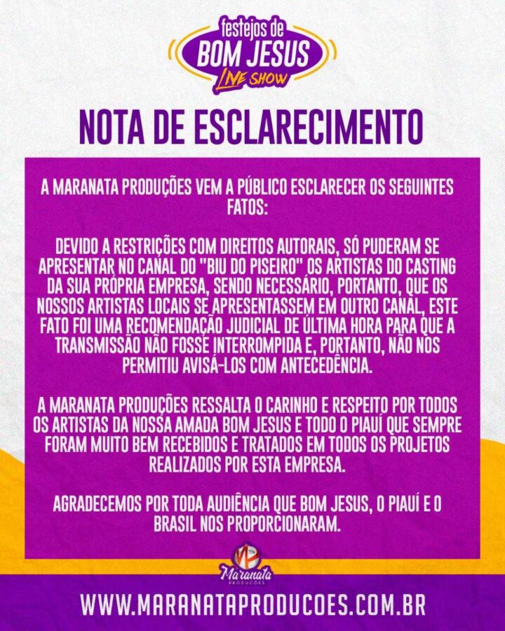 Nota de esclarecimento da 'Maranata Produções' sobre Live em Bom Jesus