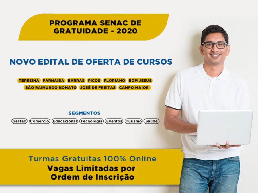 Programa Senac Gratuidade oferta SETE cursos profissionalizantes para Bom Jesus; veja edital e ficha de inscrição