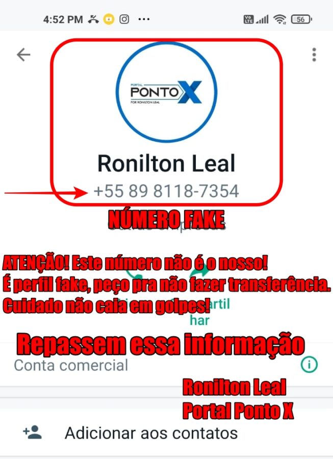 Golpistas no WhatsApp utilizam a foto de perfil Portal Ponto X com um novo número
