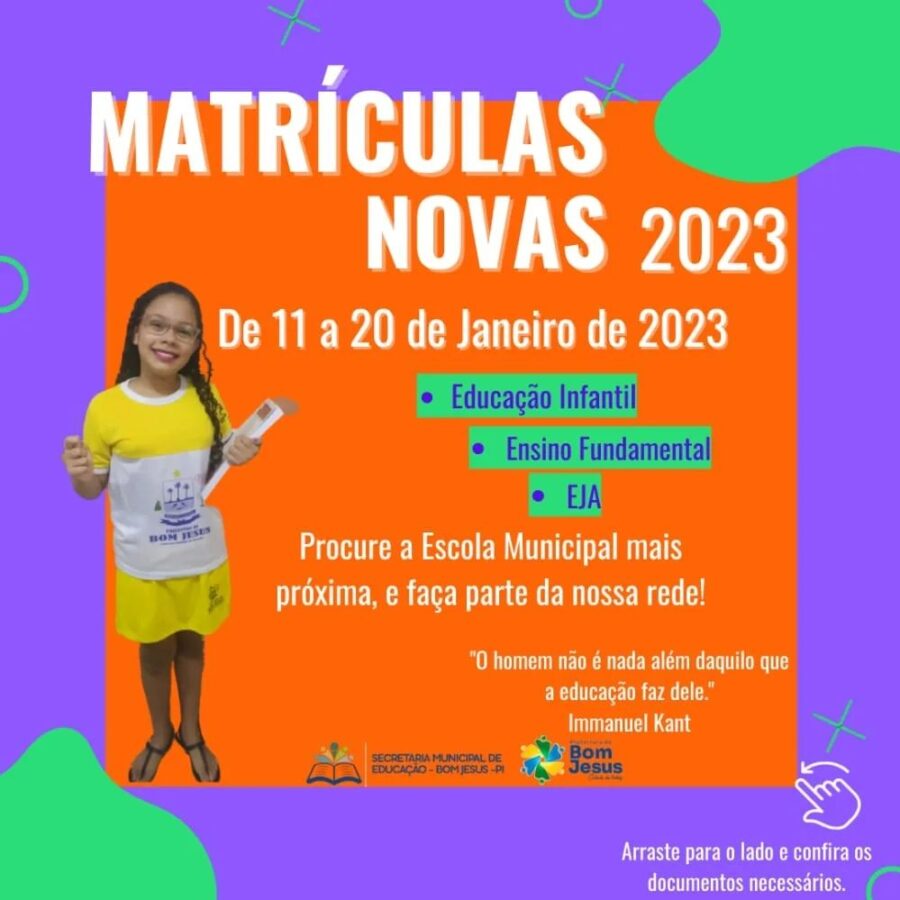 Estão abertas as matrículas da Rede Pública Municipal de Bom Jesus