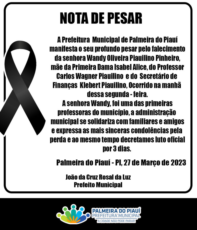 Prefeitura de Palmeira decreta luto por 3 dias pela morte de Wandy Piauilino