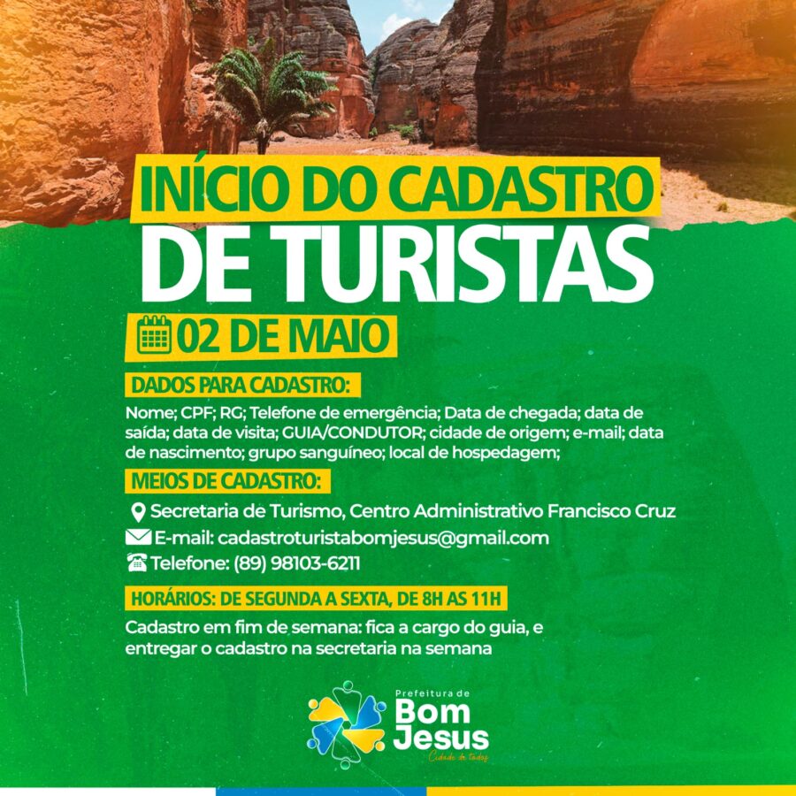 Secretaria de Turismo de Bom Jesus iniciará 'cadastro obrigatório de turistas'; (veja como)