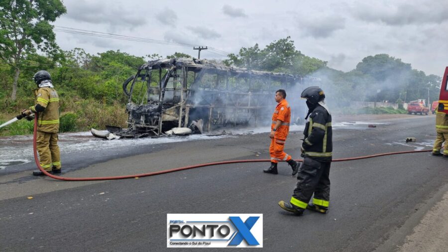Ônibus da Expresso Guanabara pega fogo na BR-343, em Teresina; todas as bagagens foram queimadas