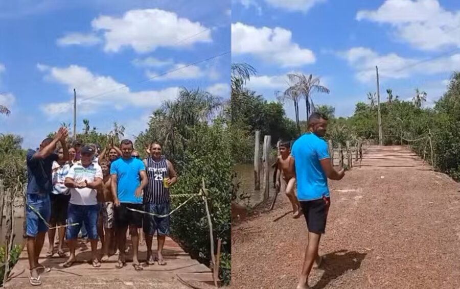 Após esperar pelo poder público, moradores constroem ponte improvisada e inauguram com churrasco e 'corte de faixa'
