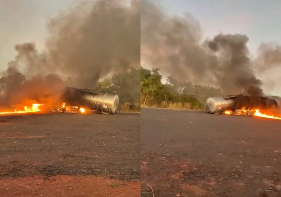 Carreta transportando óleo vegetal tomba e pega fogo na BR-135 em Corrente, Sul do Piauí