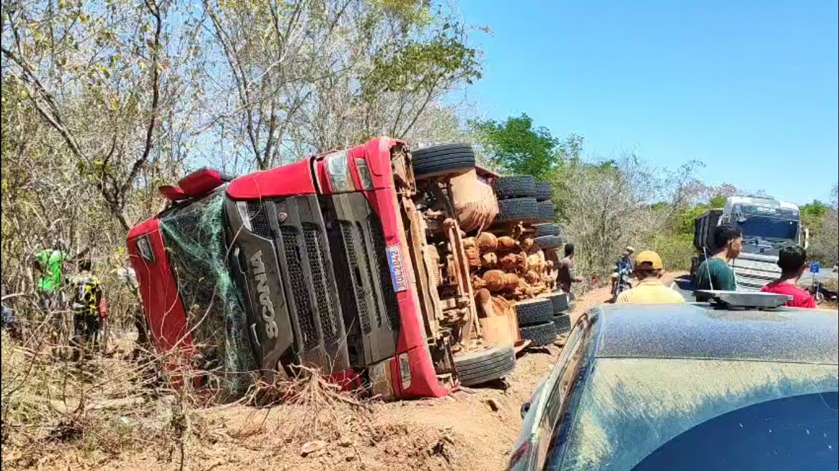 Caminhão carregado com 100 bois tomba na PI-257 e deixa animais mortos no Sul do Piauí