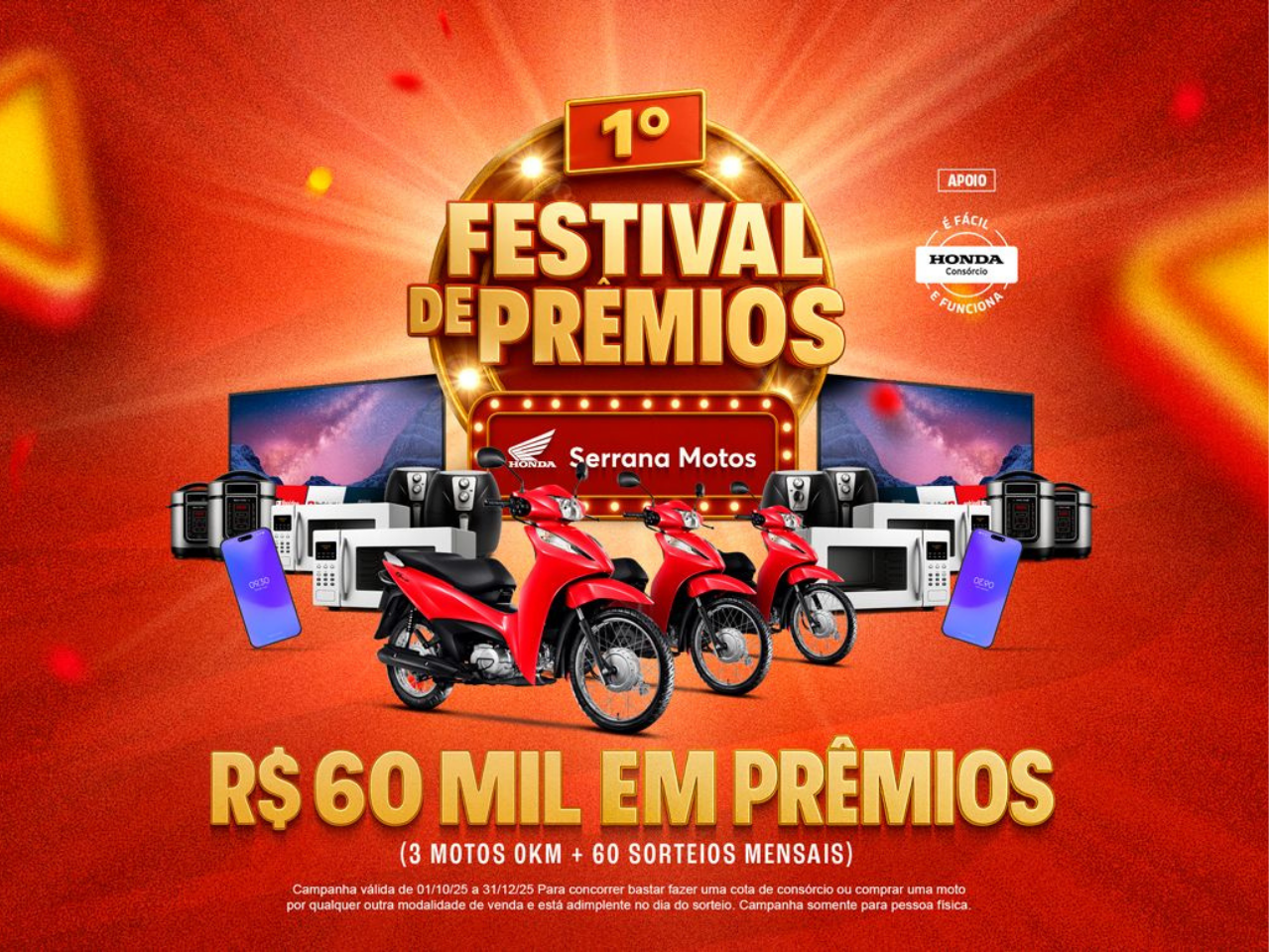 Serrana Motos lança o "1º Festival de Prêmios" com sorteio de R$ 60 mil em prêmios; veja como participar