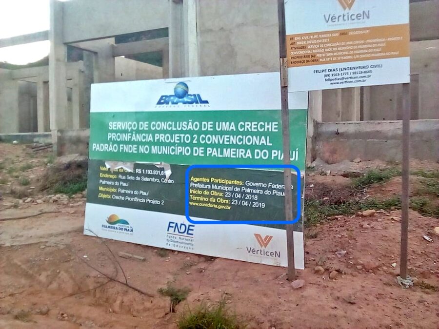 Obra da Creche Municipal de Palmeira do Piauí se arrasta por 8 anos