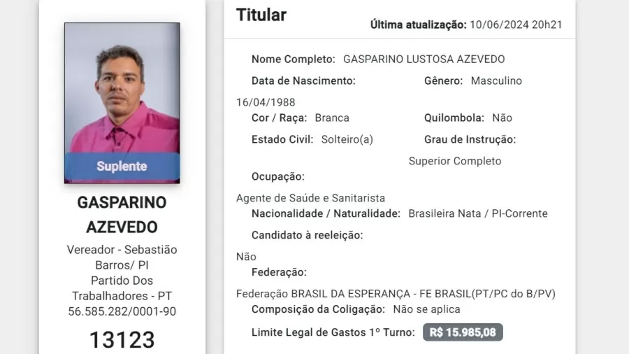 Foto de registro de candidatura de Gasparino Azevedo, suplente de vereador do Piauí. — Foto: Reprodução/Redes sociais e TSE